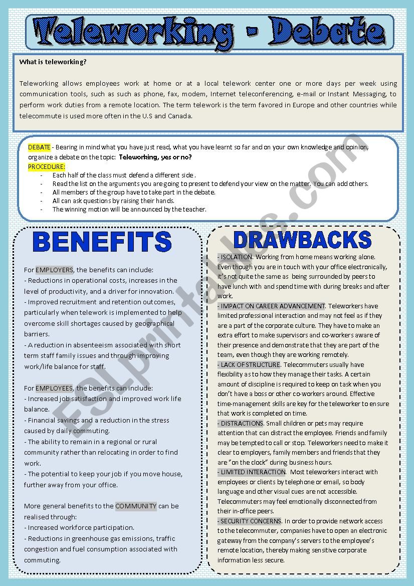 Teleworking - debate worksheet