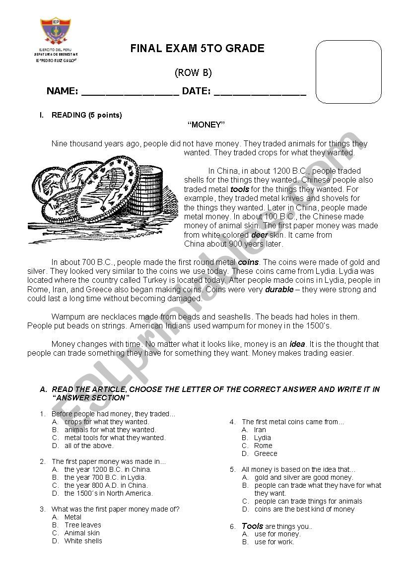 FINAL EXAM 5TH GRADE ROW B worksheet