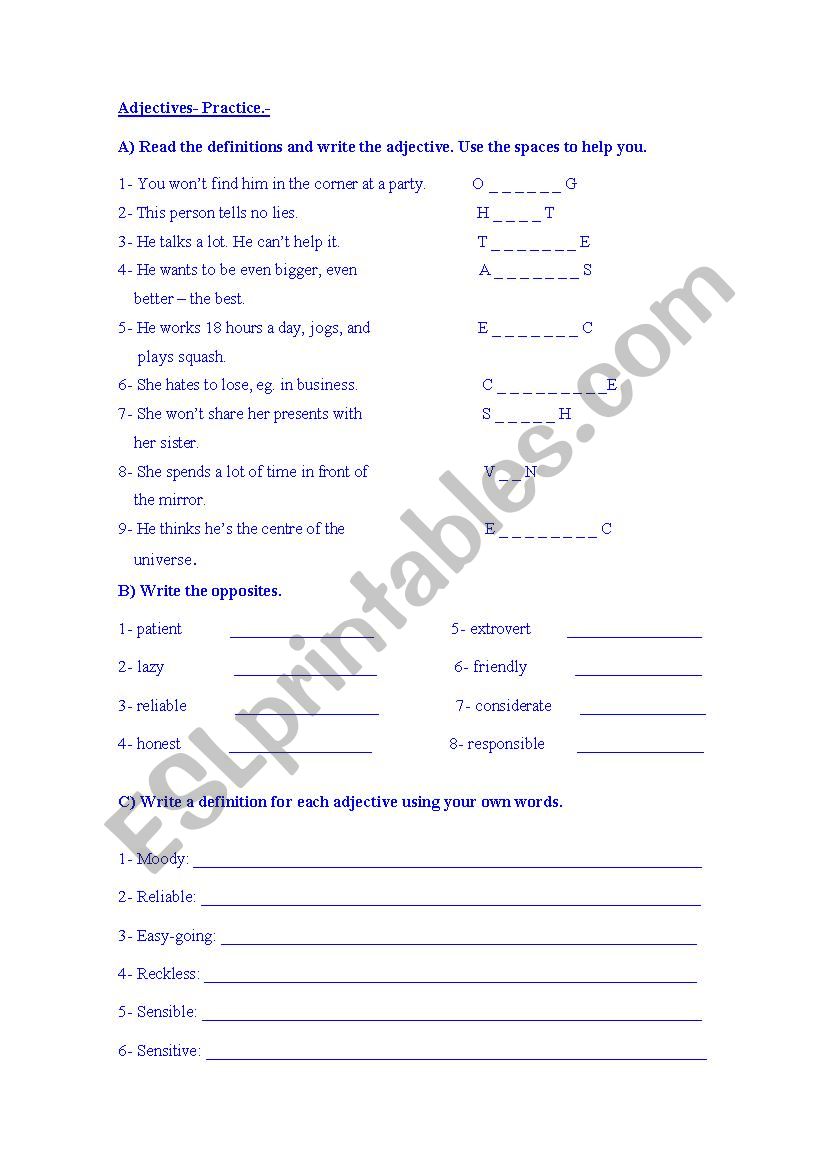 Personal traits worksheet