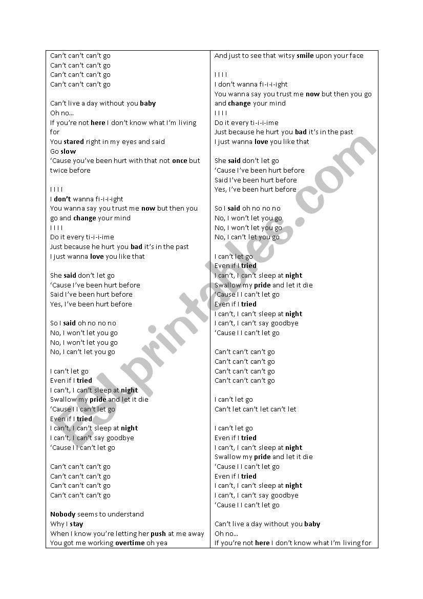 Faydee- cant let go worksheet