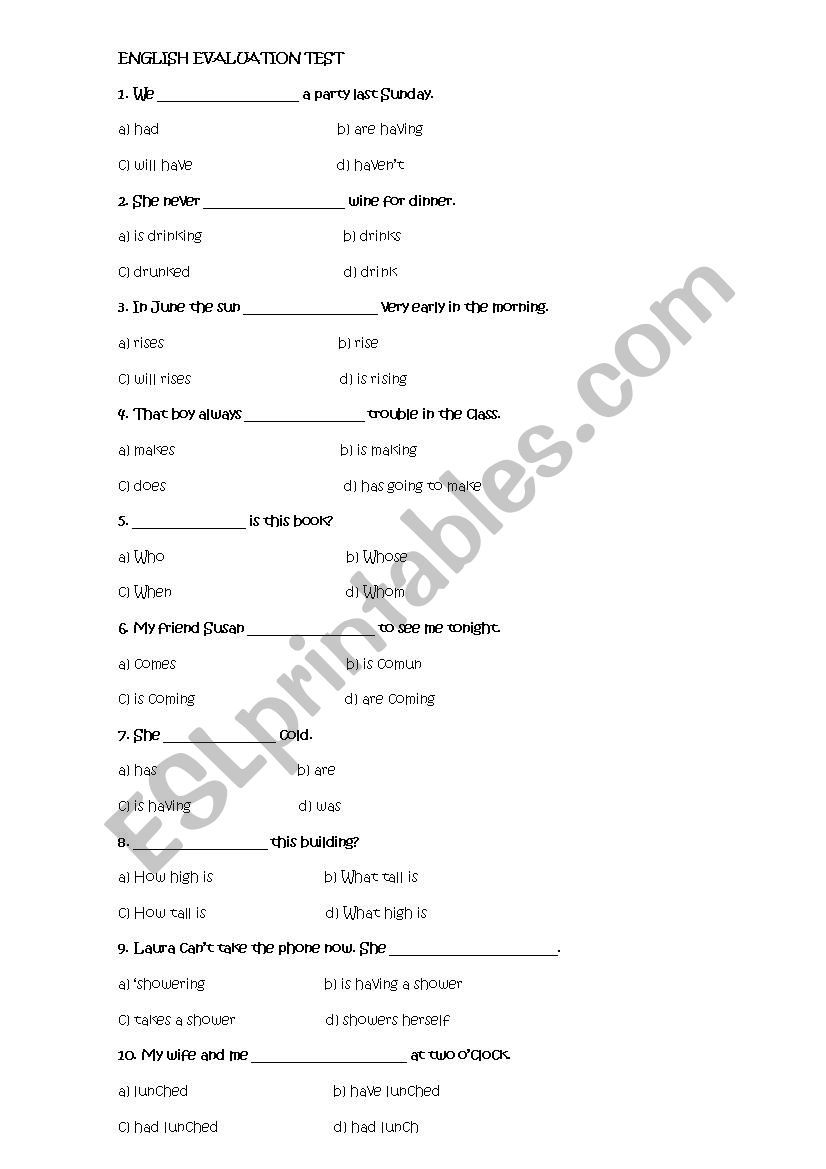 ENGLISH EVALUATION TEST worksheet
