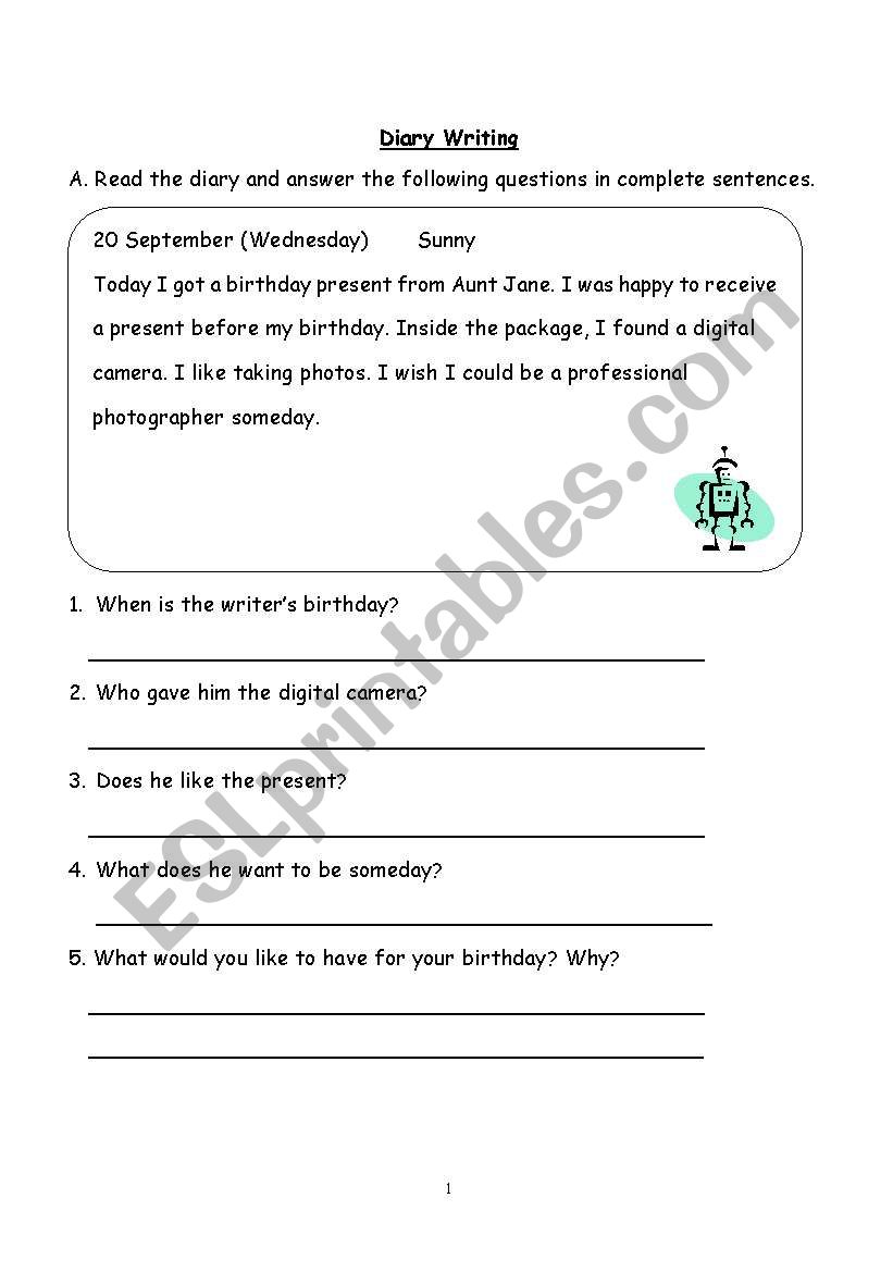 Diary Writing worksheet