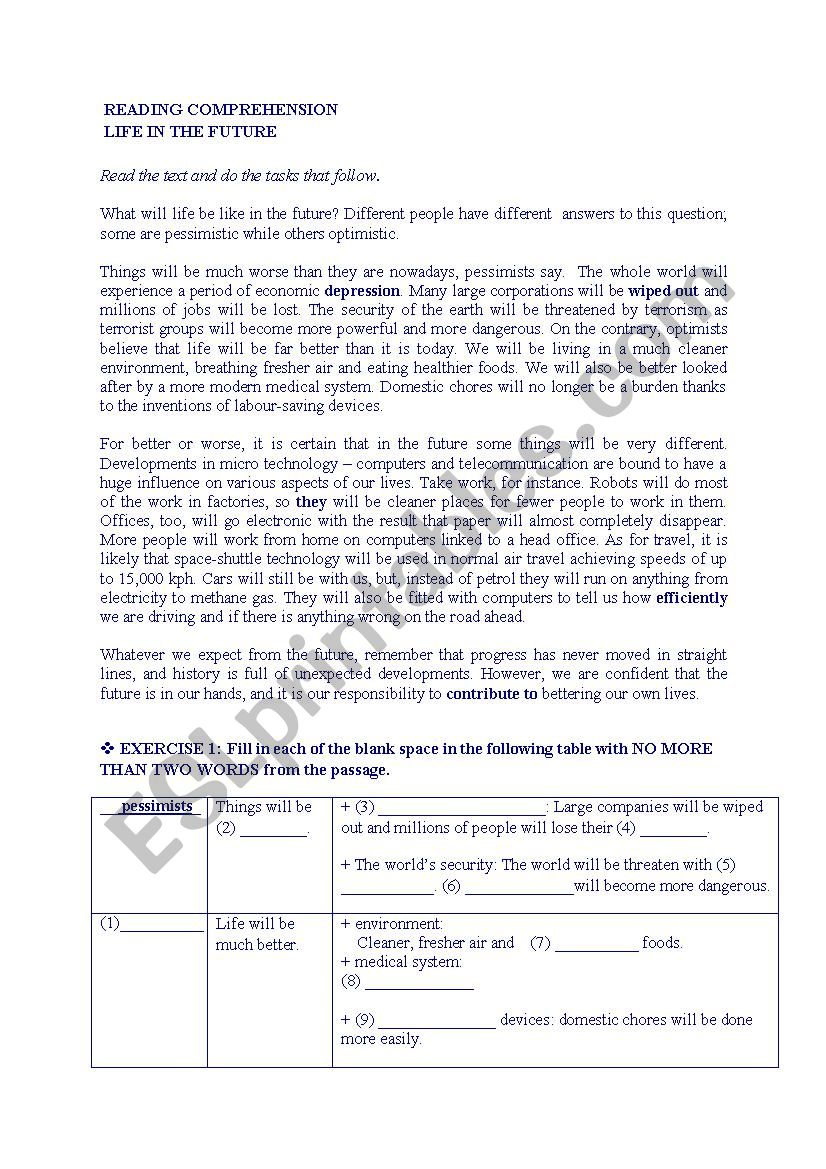 Life in the future worksheet