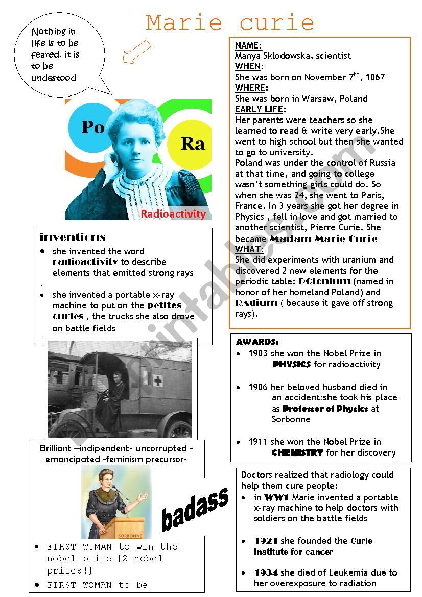 Marie Curie Esl Worksheet By Brpadali