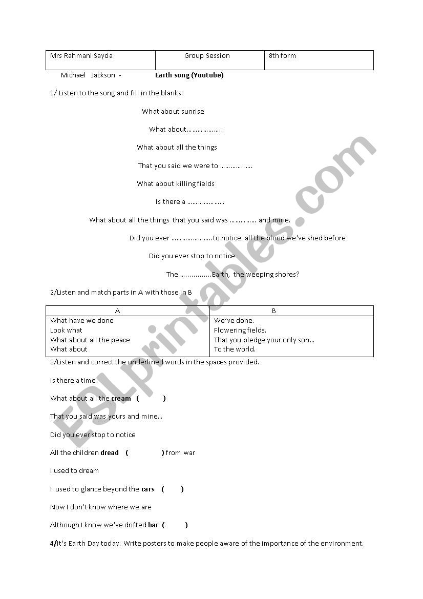 Earth song /Mickael Jackson worksheet