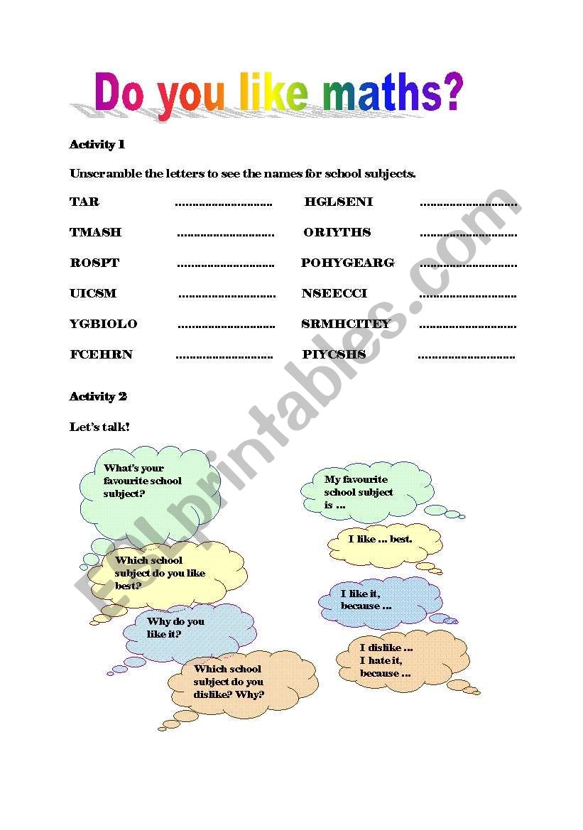 School subjects worksheet