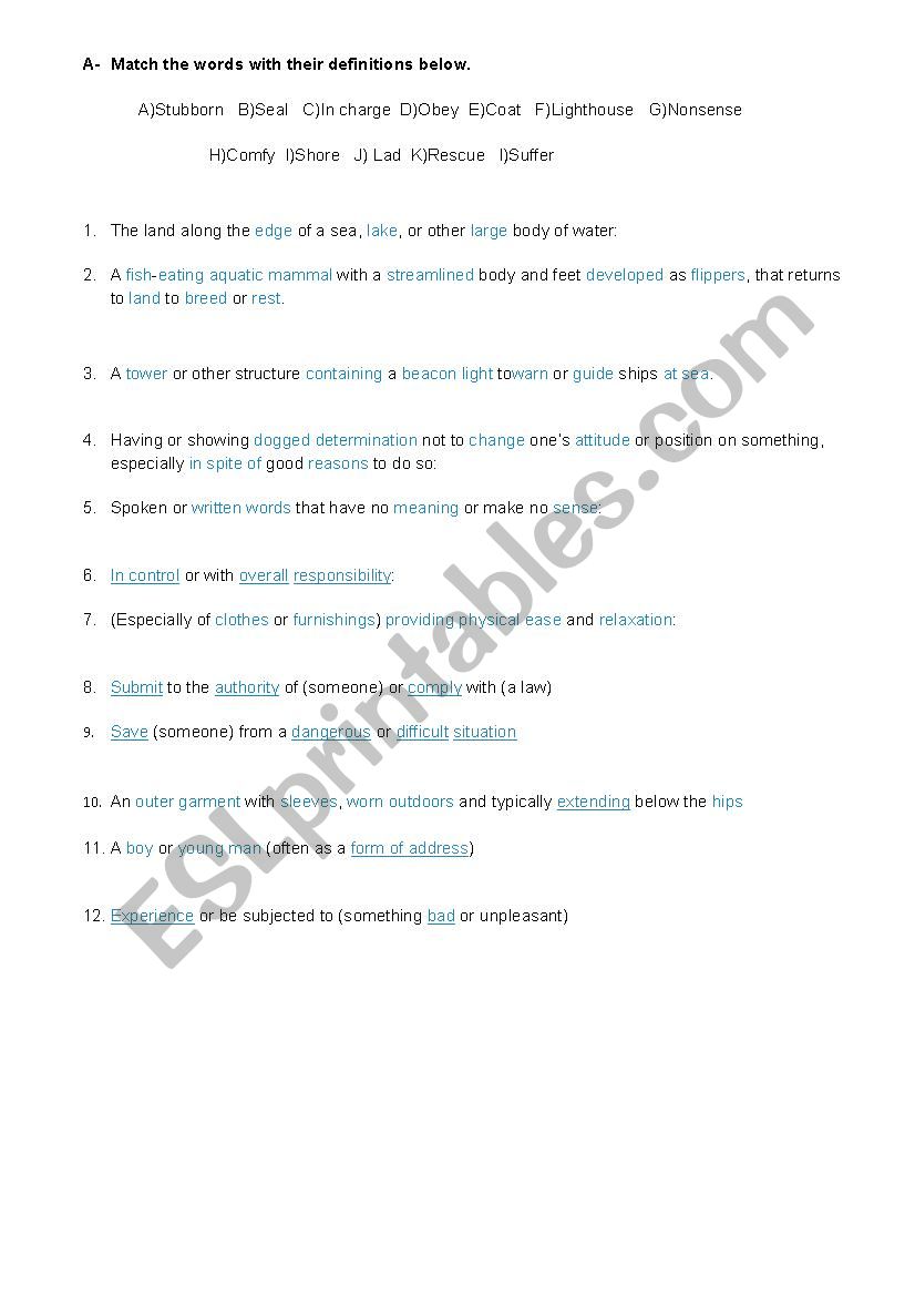 Vocabulary matching ESL worksheet by atakannns