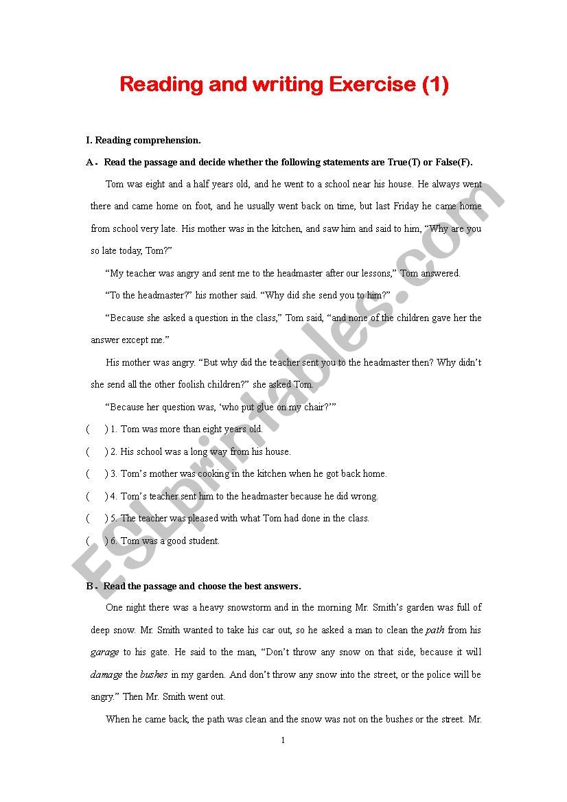 Reading and writing (2-1) worksheet