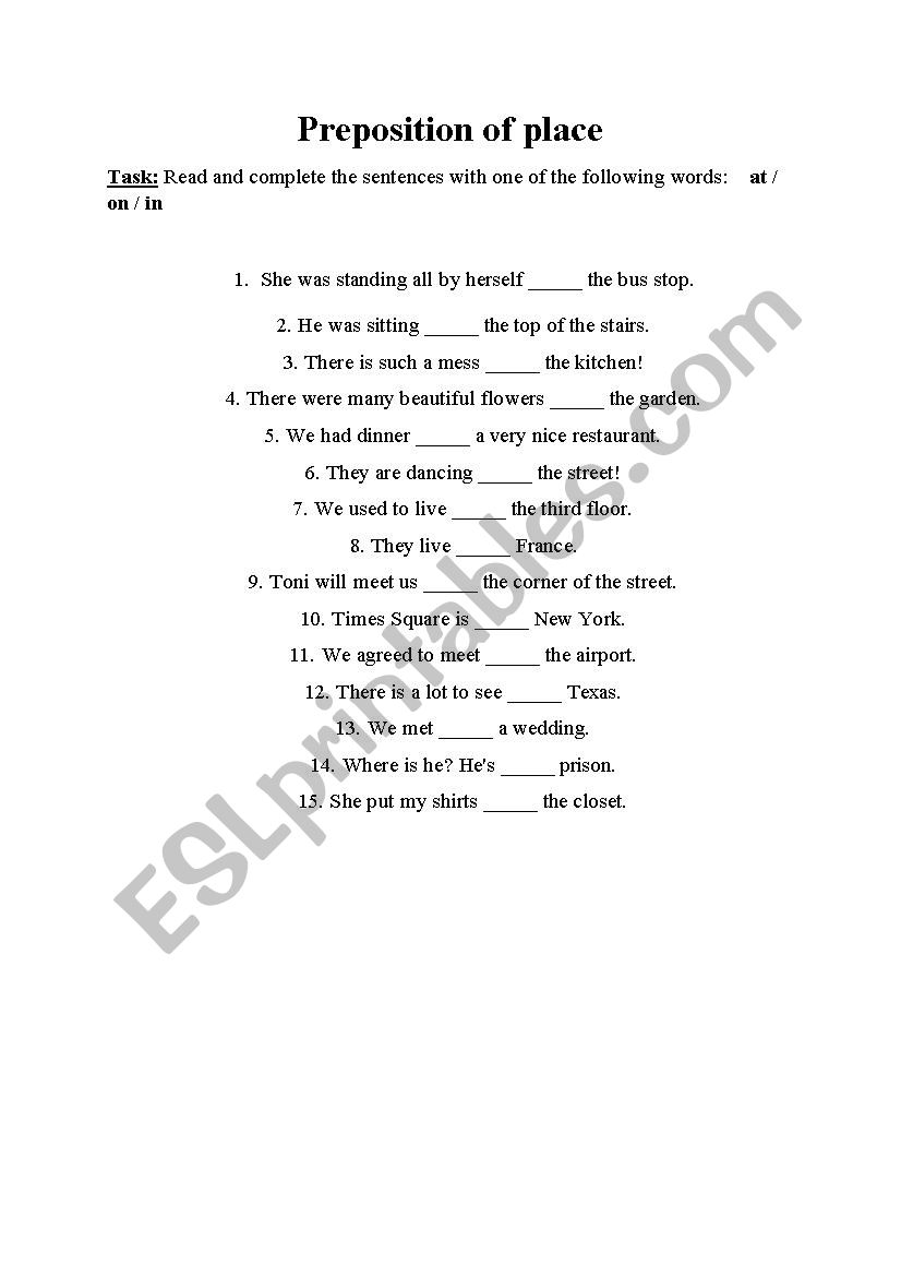 Preposition of place worksheet