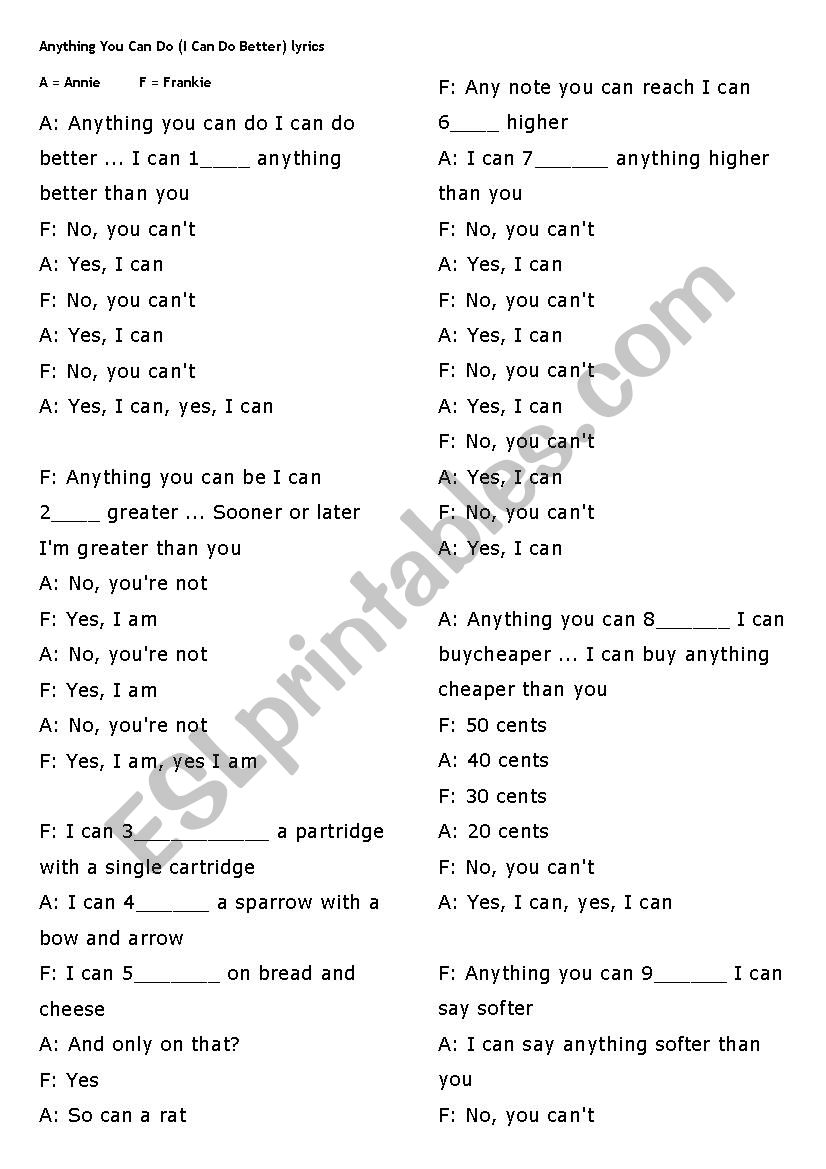 Can for ability ~  song with infinitives gap fill  ~ Anything You Can Do