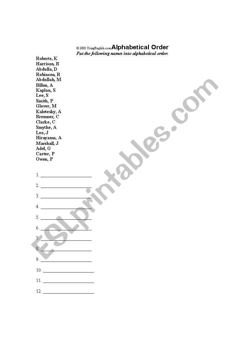 Arrange in Alphabetical order worksheet