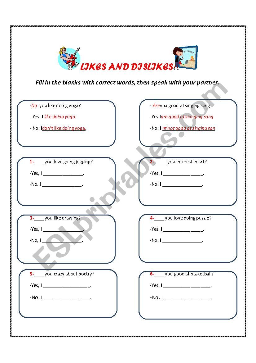  Likes and Dislikes worksheet