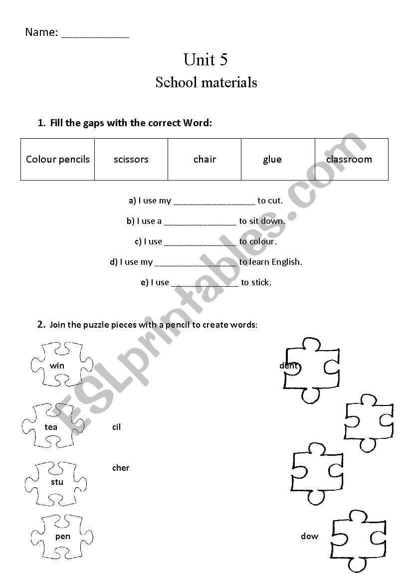 School Supplies Exam worksheet