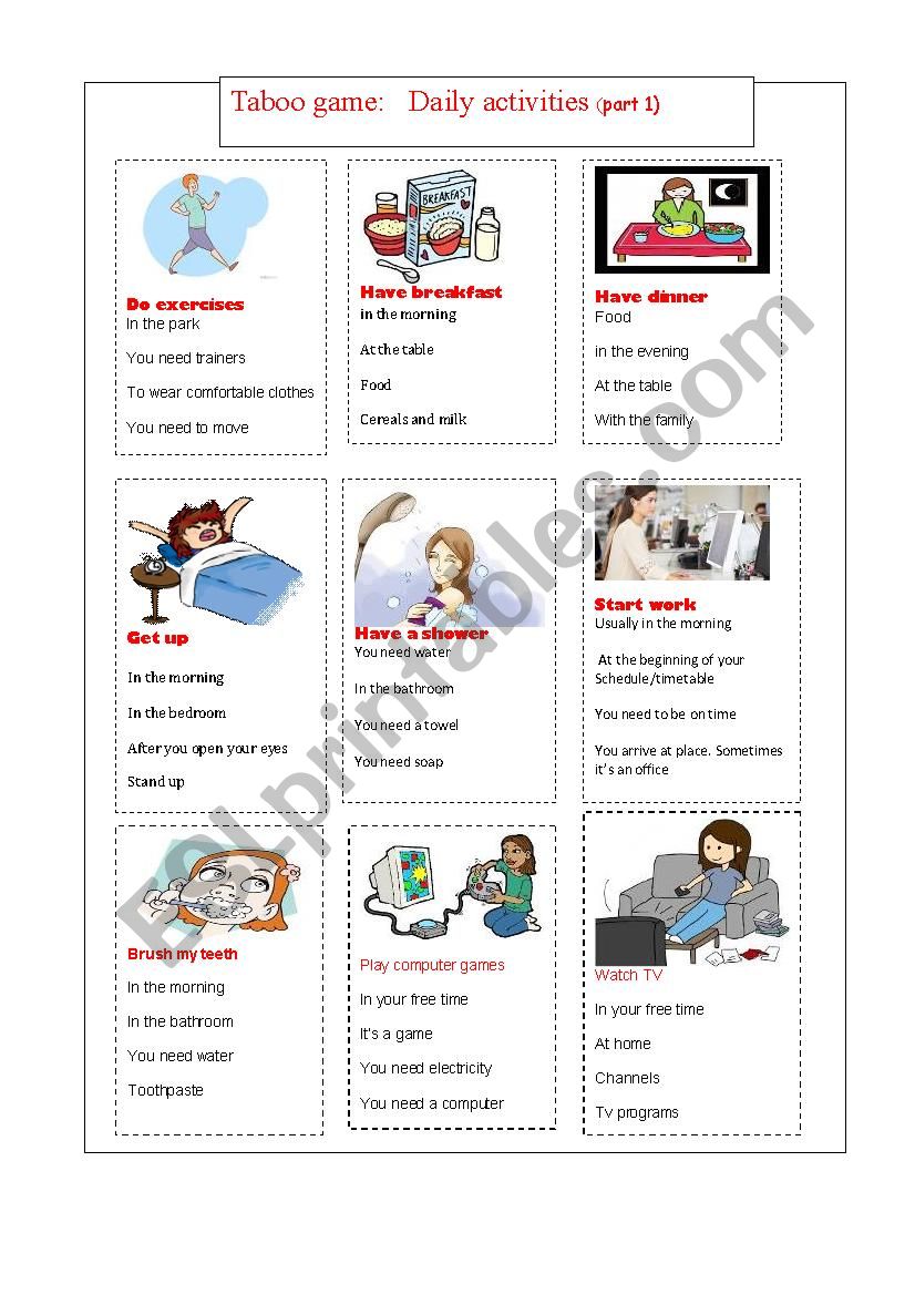 taboo: routines worksheet