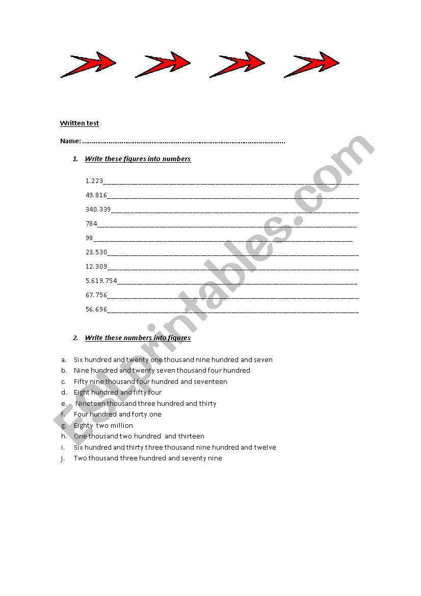 Written test on numbers worksheet