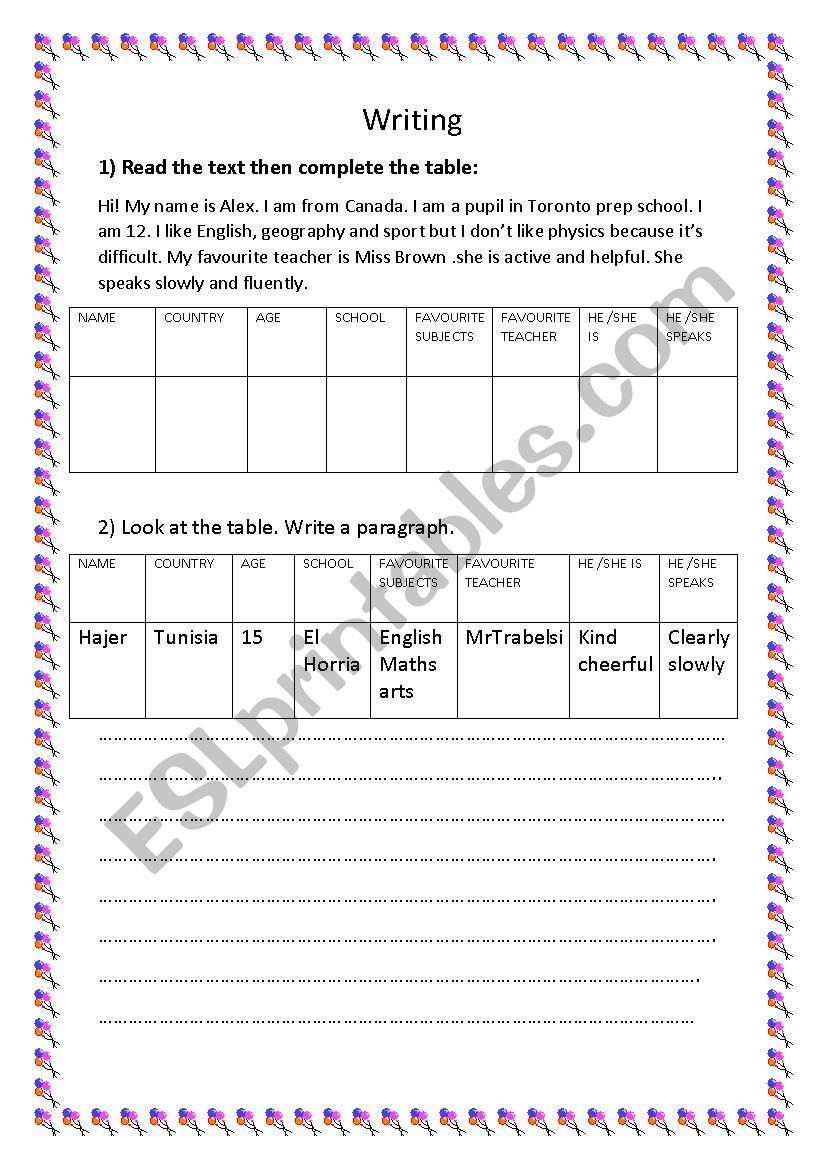 writing worksheet