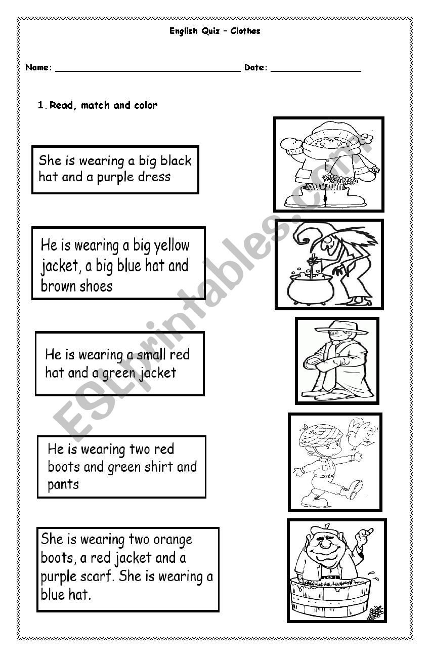 Clothes - reading and matching activity