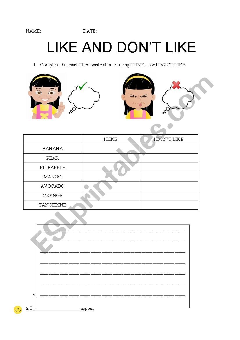 Like and dont like worksheet