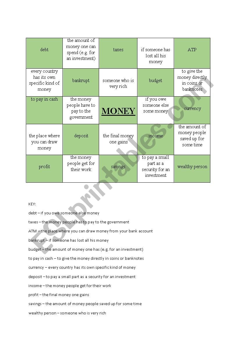 Vocabulary Quiz (Money) worksheet