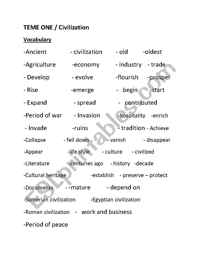 civilization vocabulry  worksheet