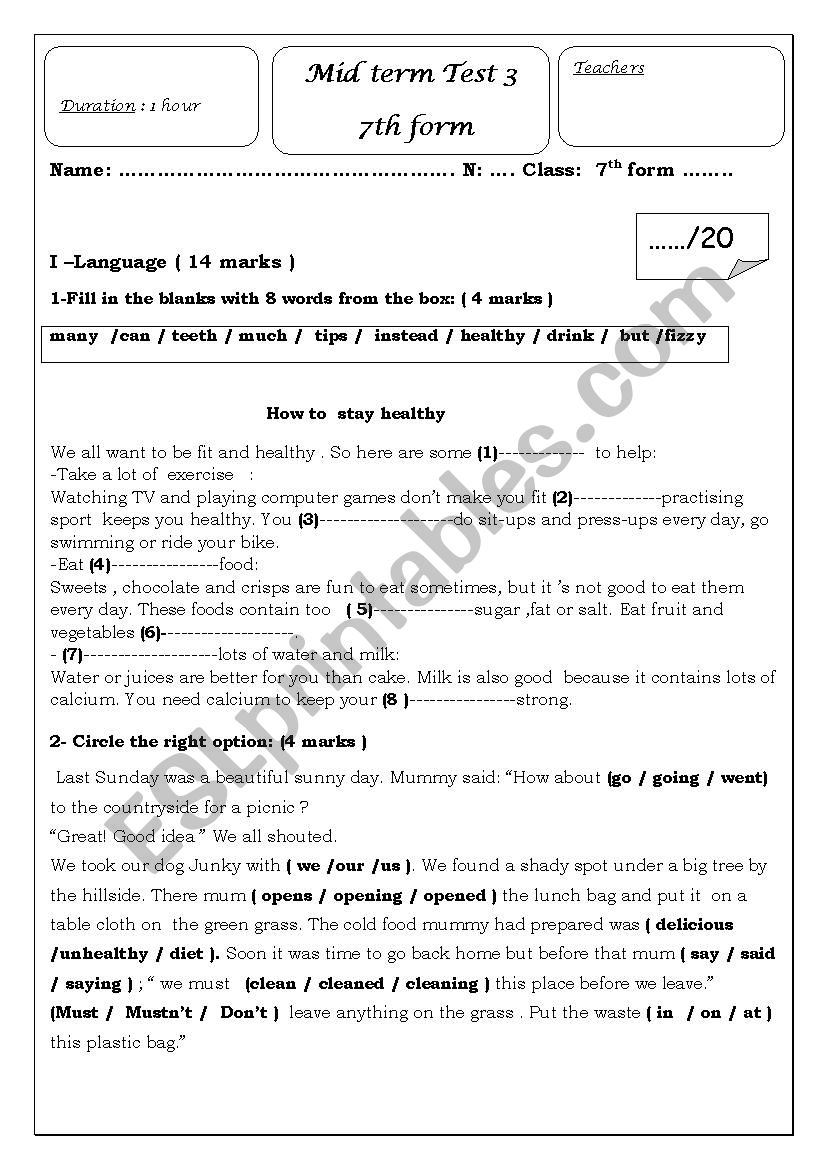  Mid term test  3  7th Grade worksheet