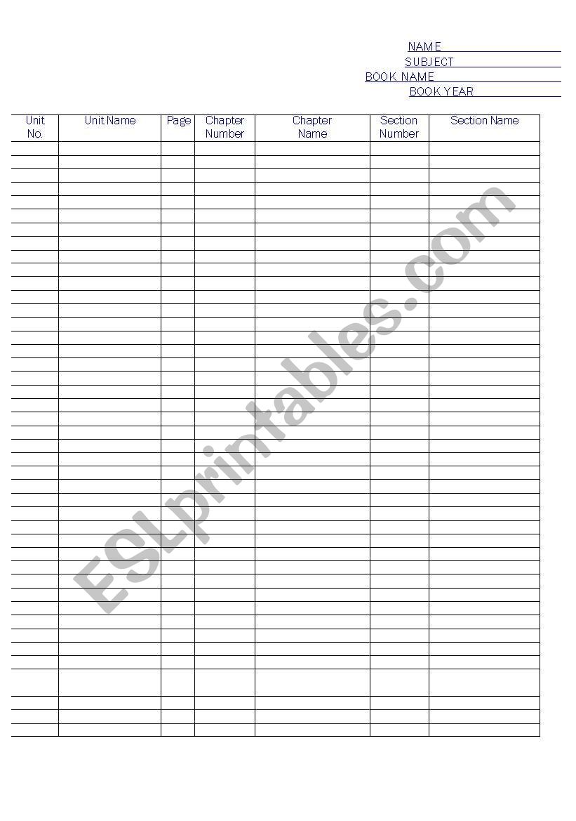 Section Names worksheet