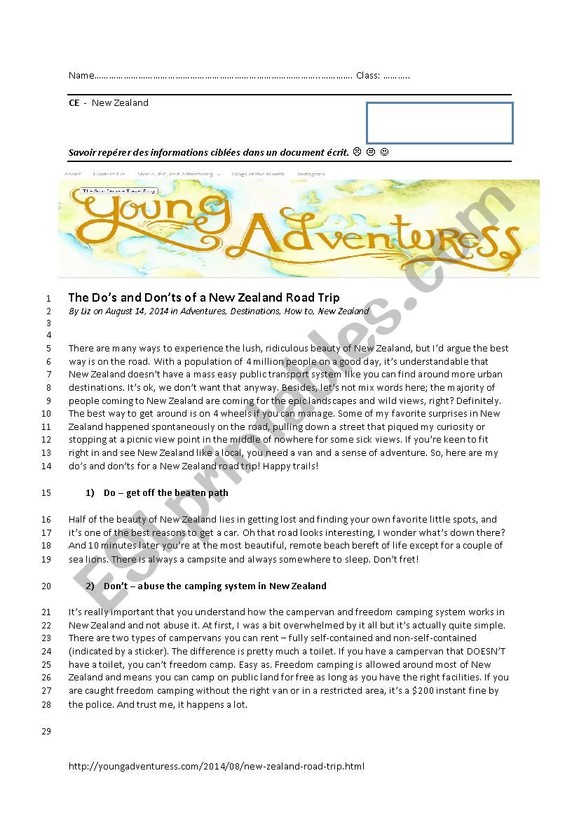 New Zealand blog-road trip worksheet