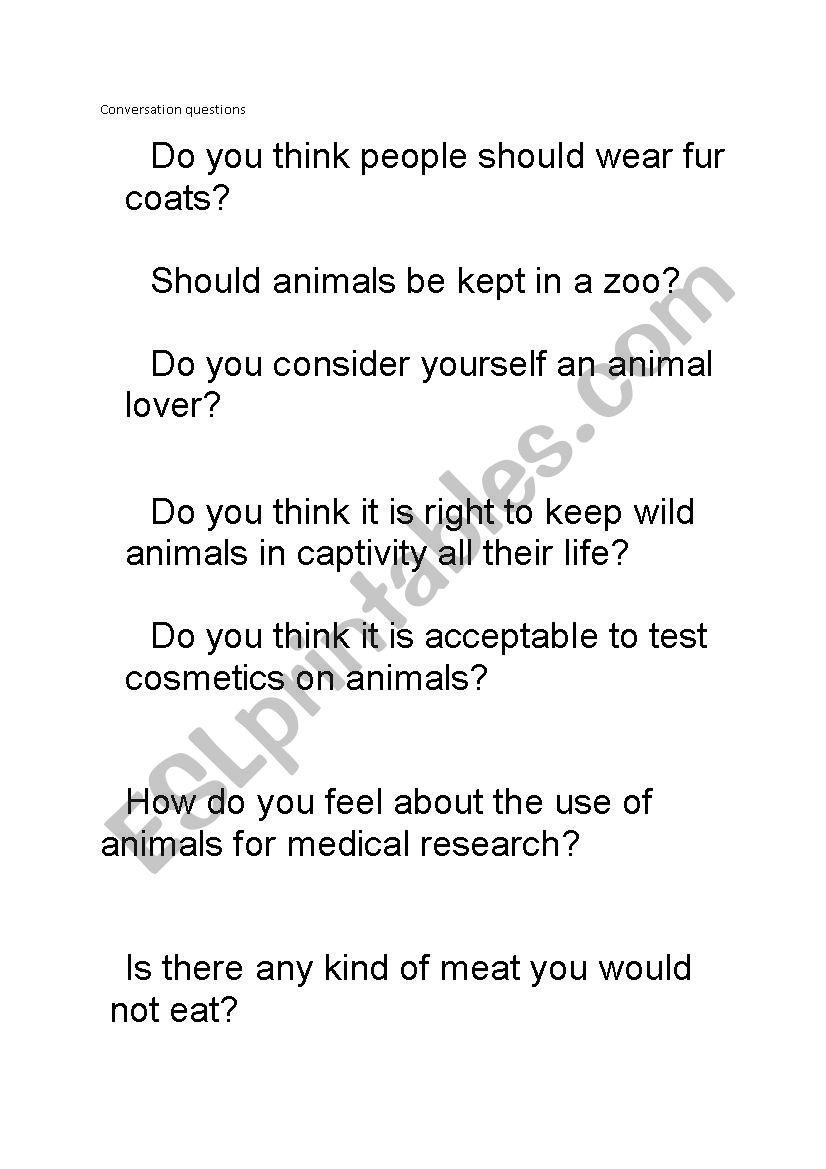 Cruely to animals worksheet