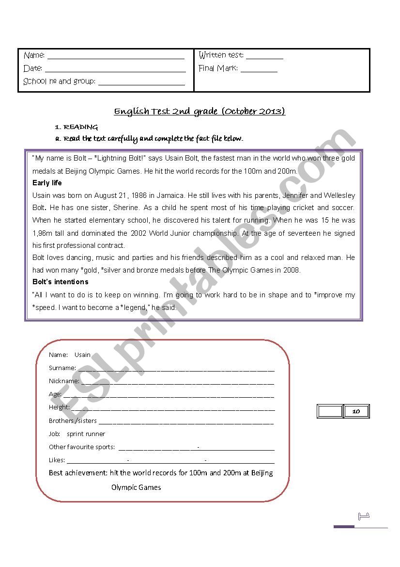 Test about Usain Bolt worksheet