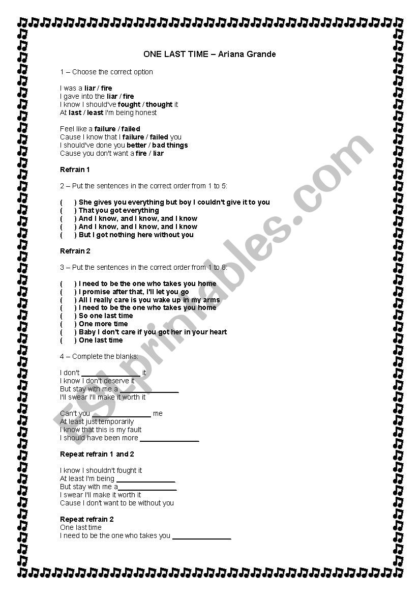 Song Worksheet - one last time