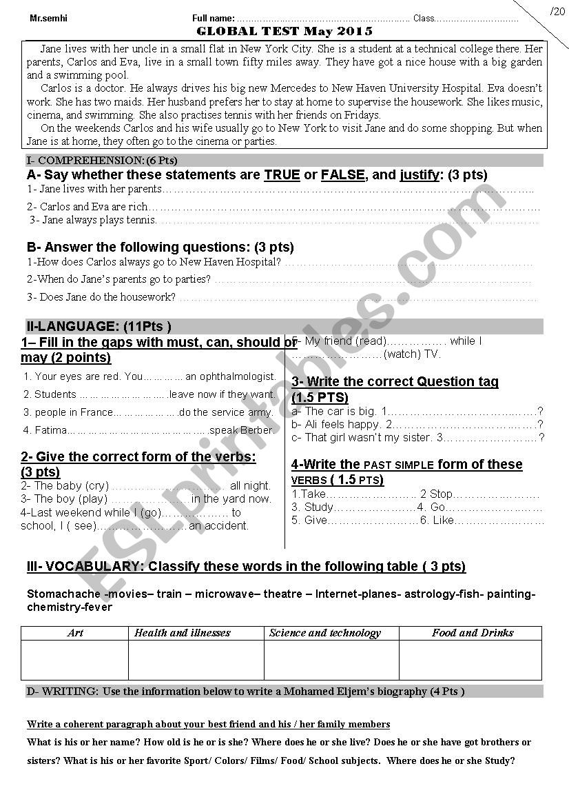 Common Core Global Test worksheet