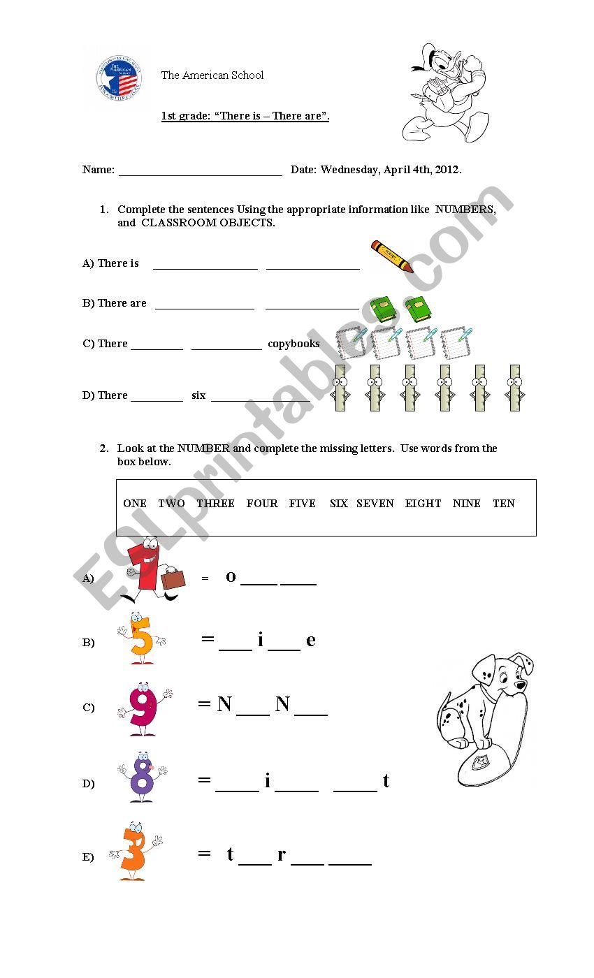 classroom objects and numbers worksheet