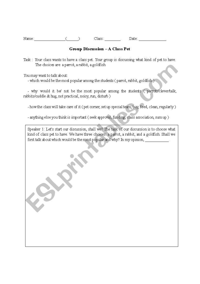 A Class Pet worksheet