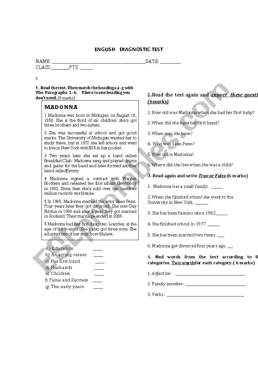 diagnostic test worksheet