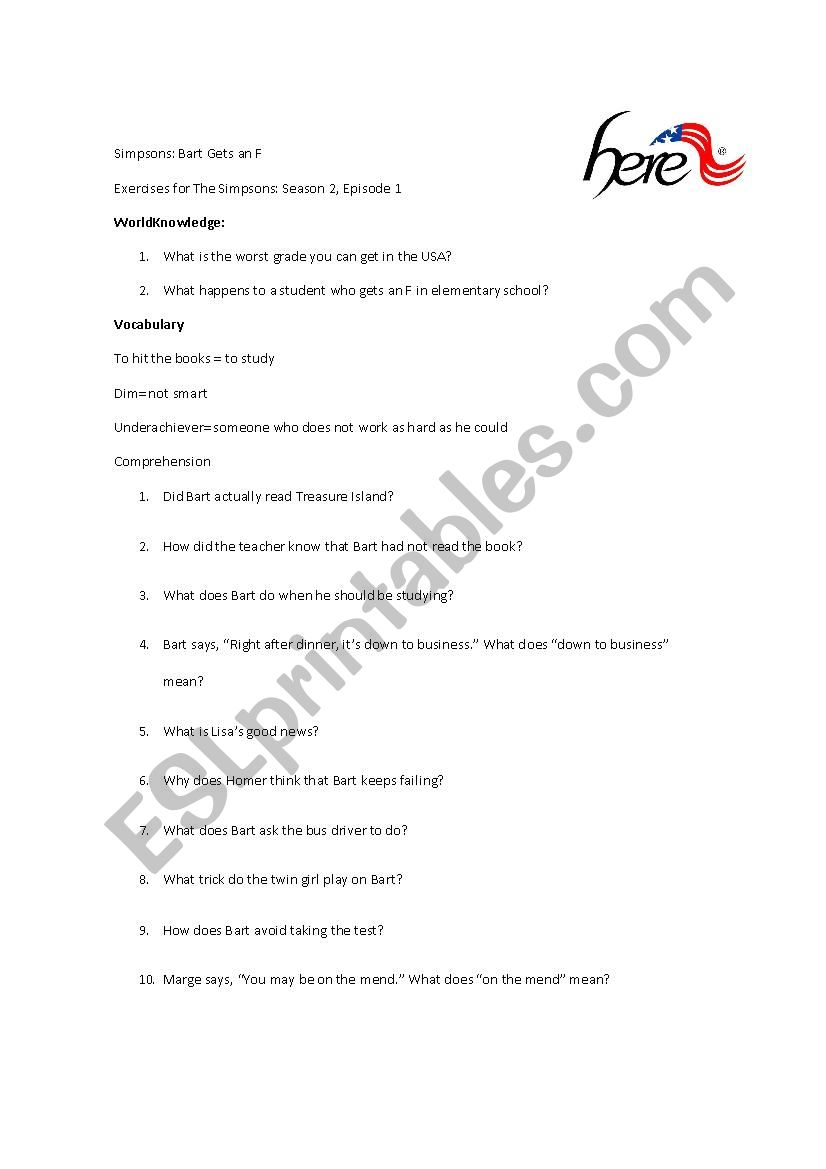 Bart gets an F worksheet