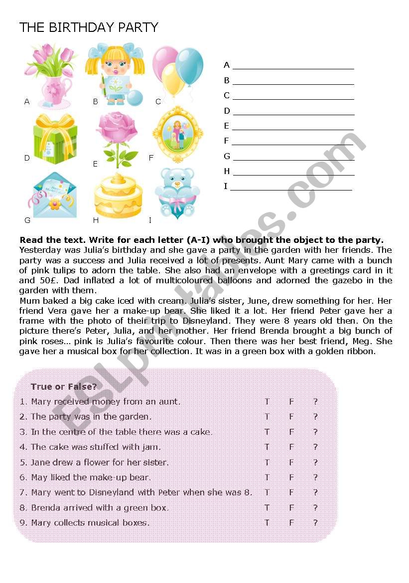 The Birthday Party worksheet