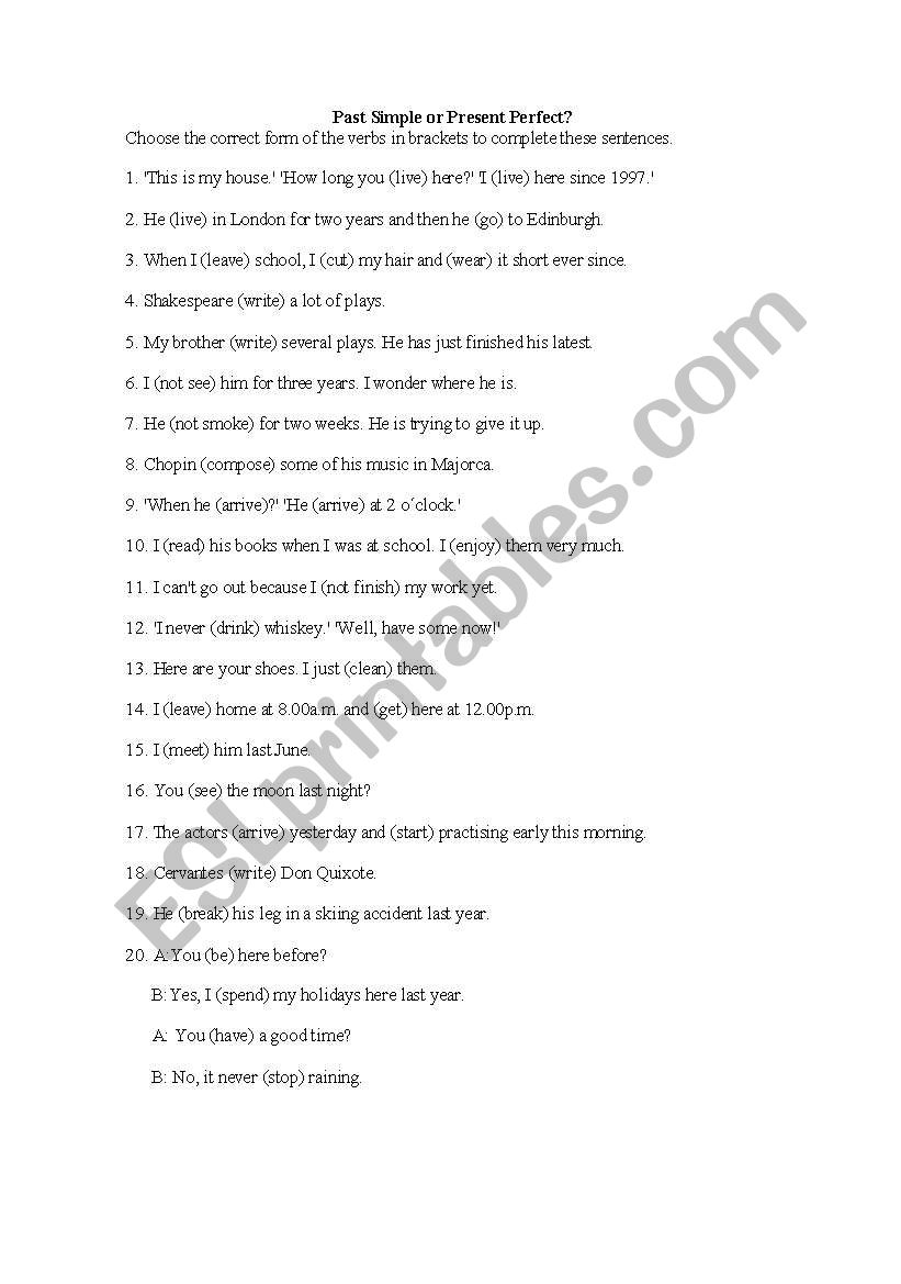 Simple Past X Present Perfect worksheet