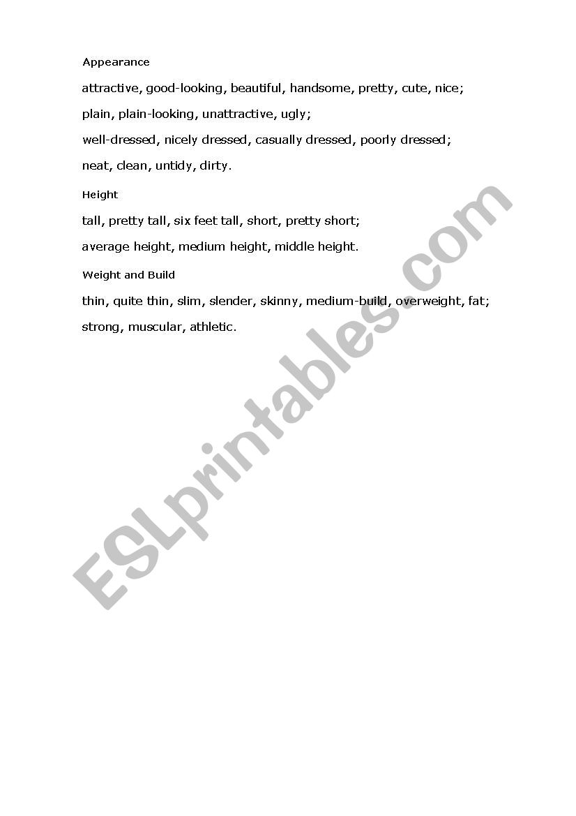 Appearance  worksheet