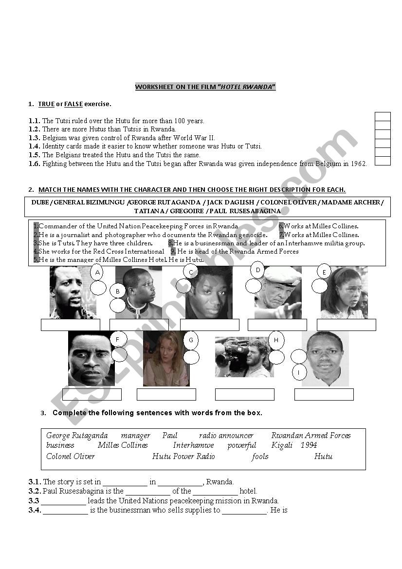 Hotel Rwanda - worksheet on the film