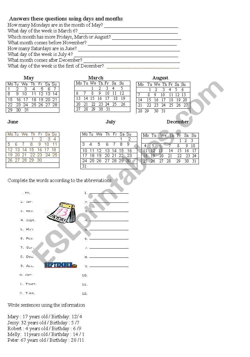 Days and Months worksheet