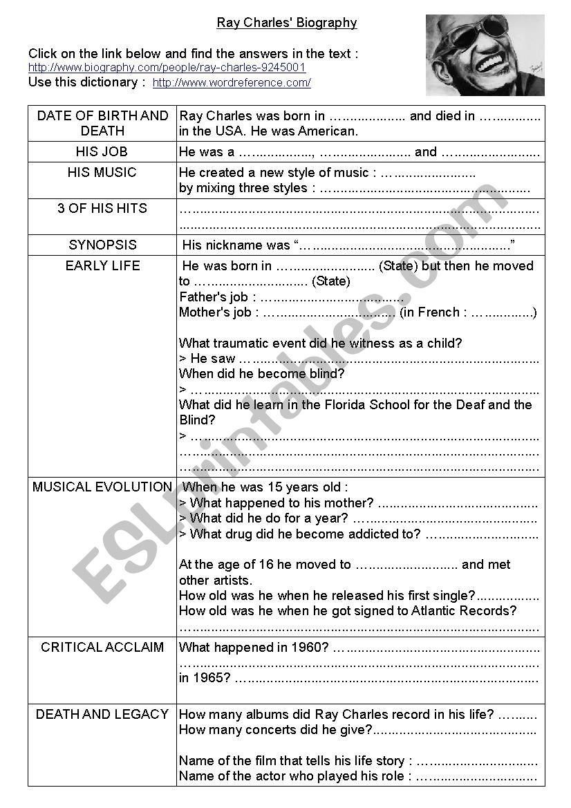 Ray Charles Biography worksheet