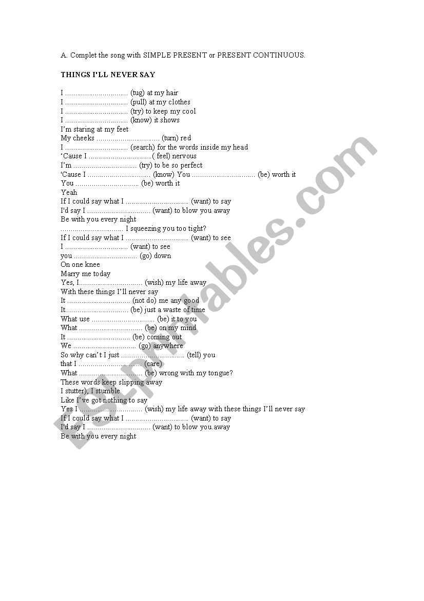 Things Ill never say worksheet