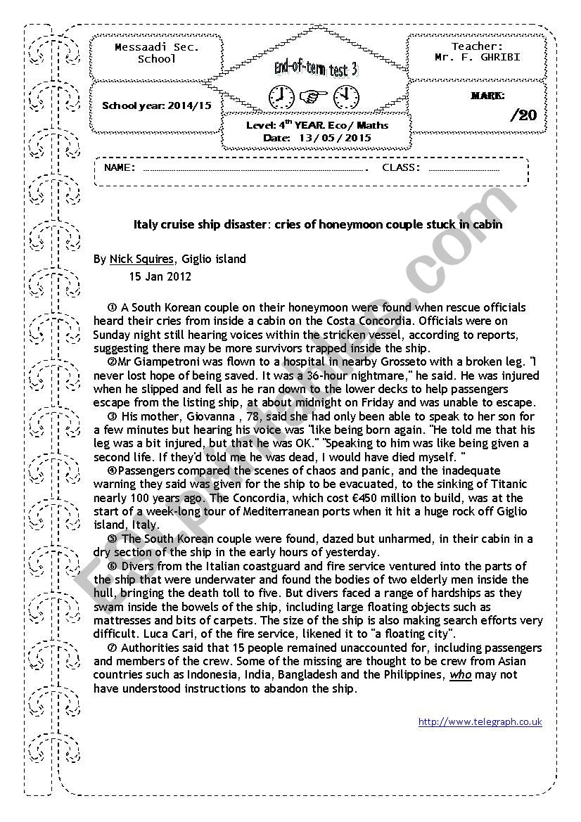 end-of-term test 3    4th forms Tunisian test