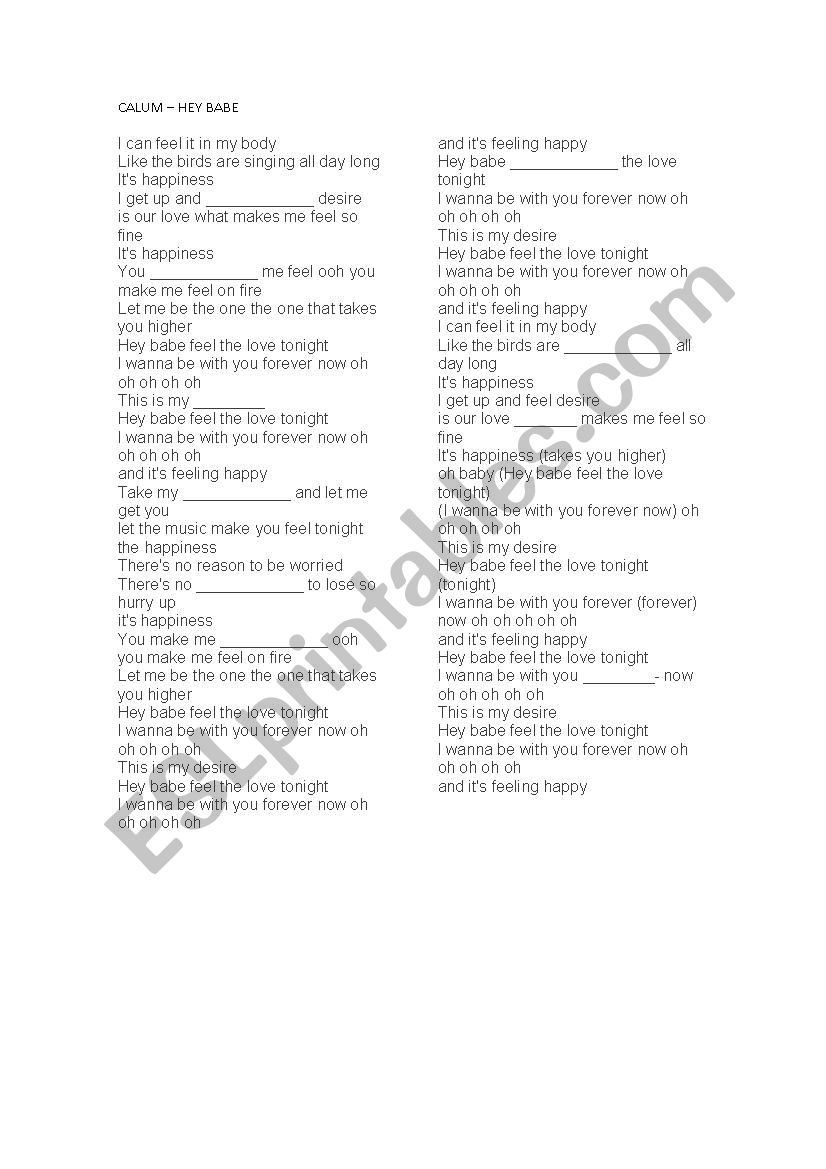 Calum song-- Hey Babe worksheet