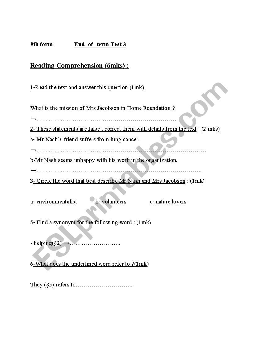 9th form full test3 worksheet