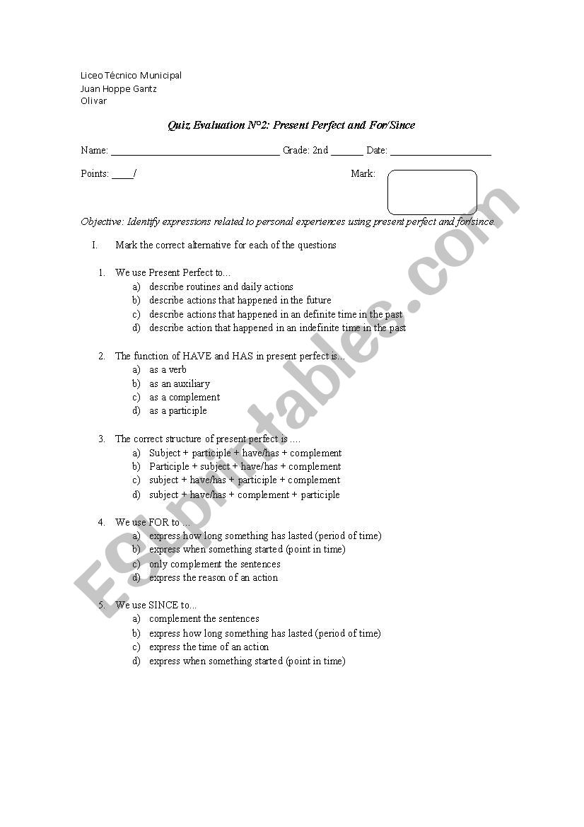 Present Perfect Quiz worksheet