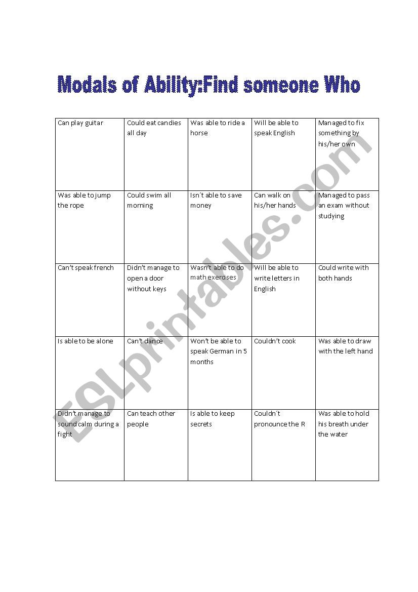 Modals of ability worksheet