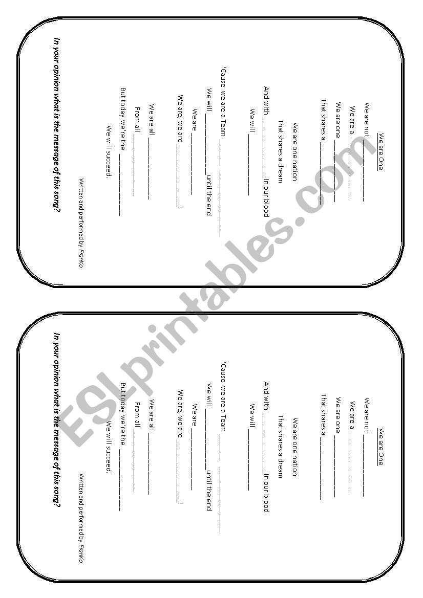 SONG  We are One    worksheet