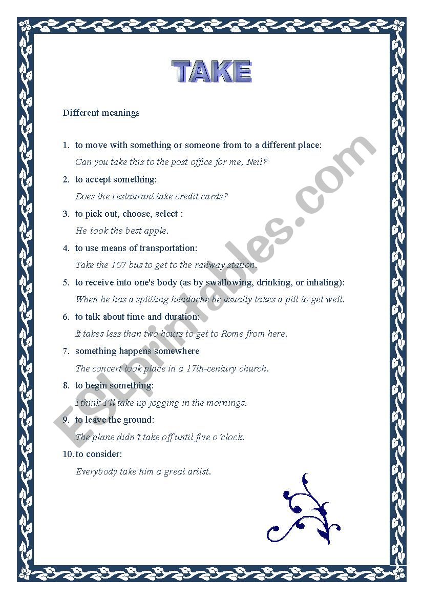 TAKE idioms and meaning worksheet