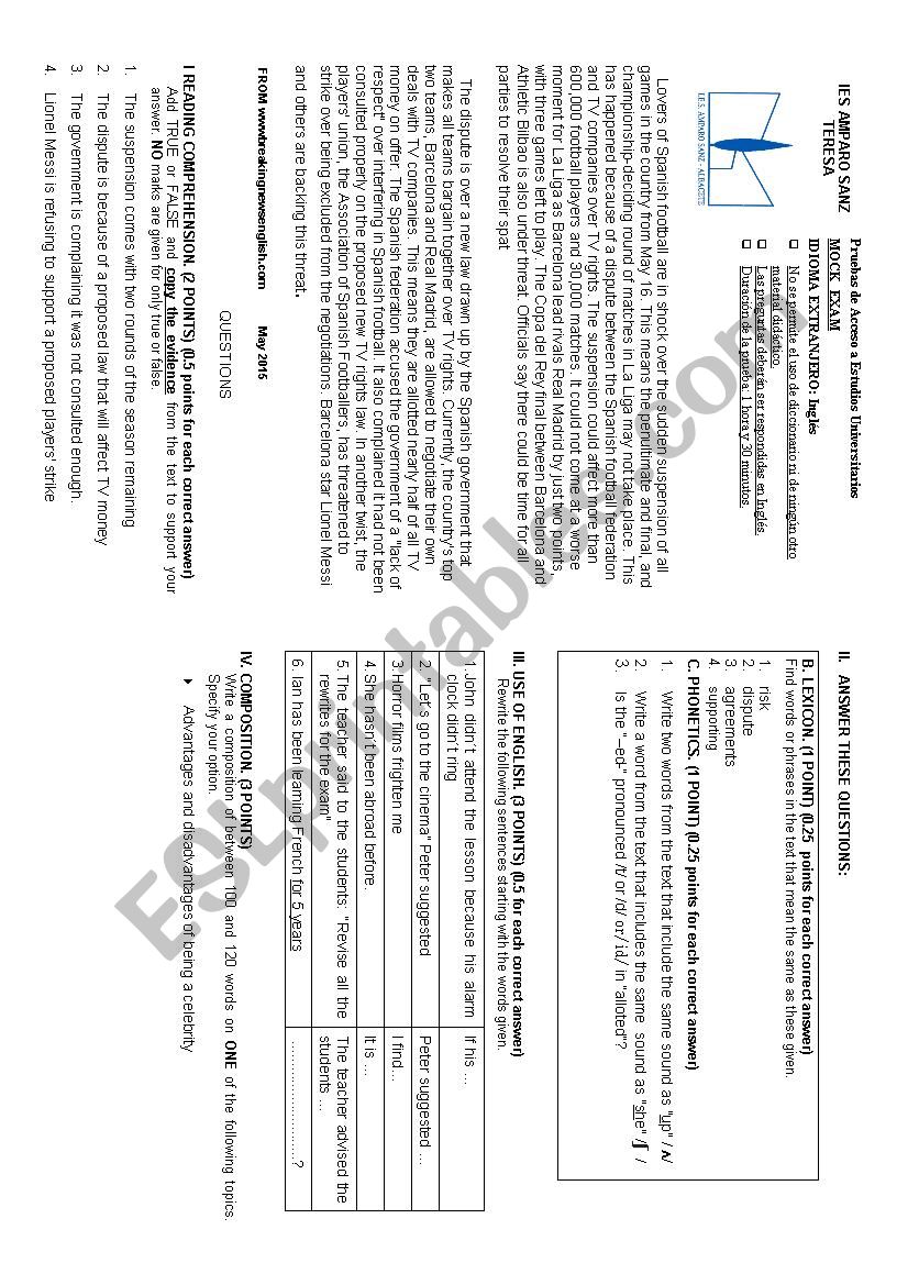 PAEG exam for 2bachillerato with key